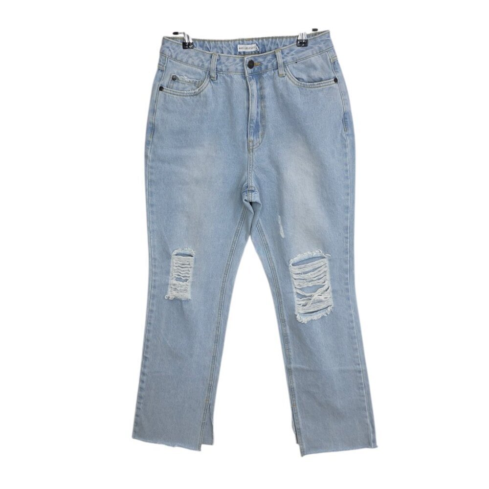 Avec Les Filles High Rise Straight Leg Split Hem Jeans, Zip Fly, Distressed, 28